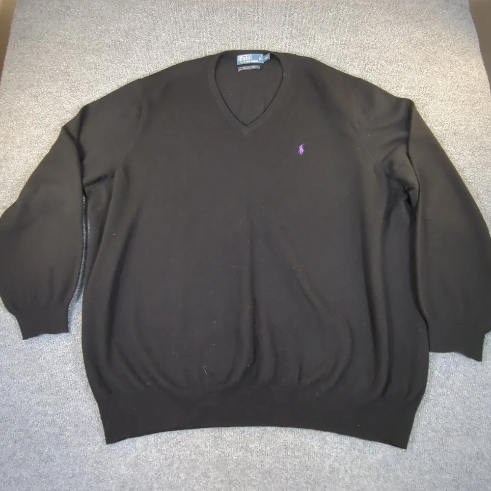 Polo Ralph Lauren Mens 4XLT‎ Merino Wool V-Neck Sweater Black Purple Pony 2668